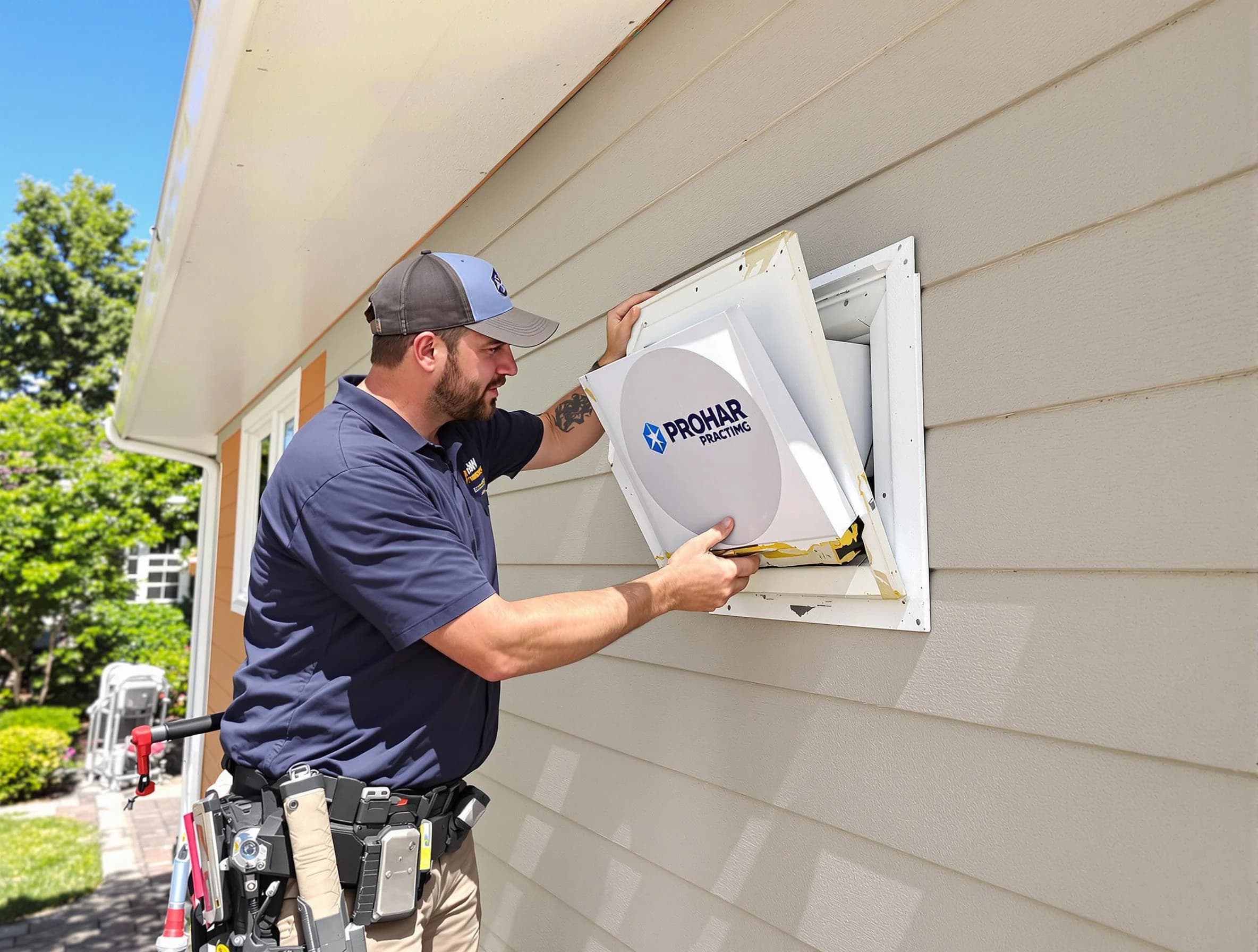 Redan Dryer Vent Cleaning technician installing a new protective dryer vent cover on a home in Redan